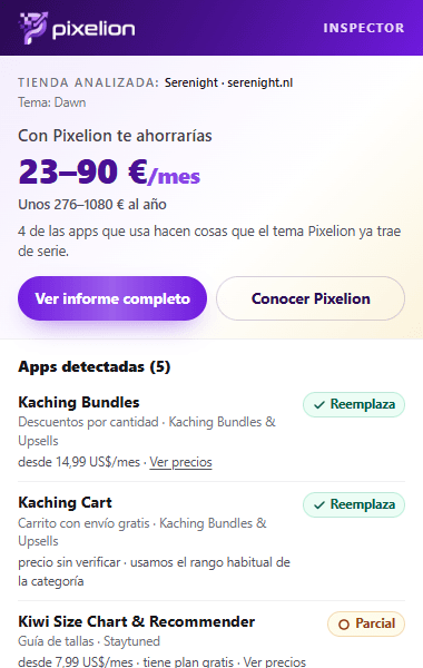 Ventana de Pixelion Inspector con las apps detectadas en una tienda Shopify y el ahorro estimado