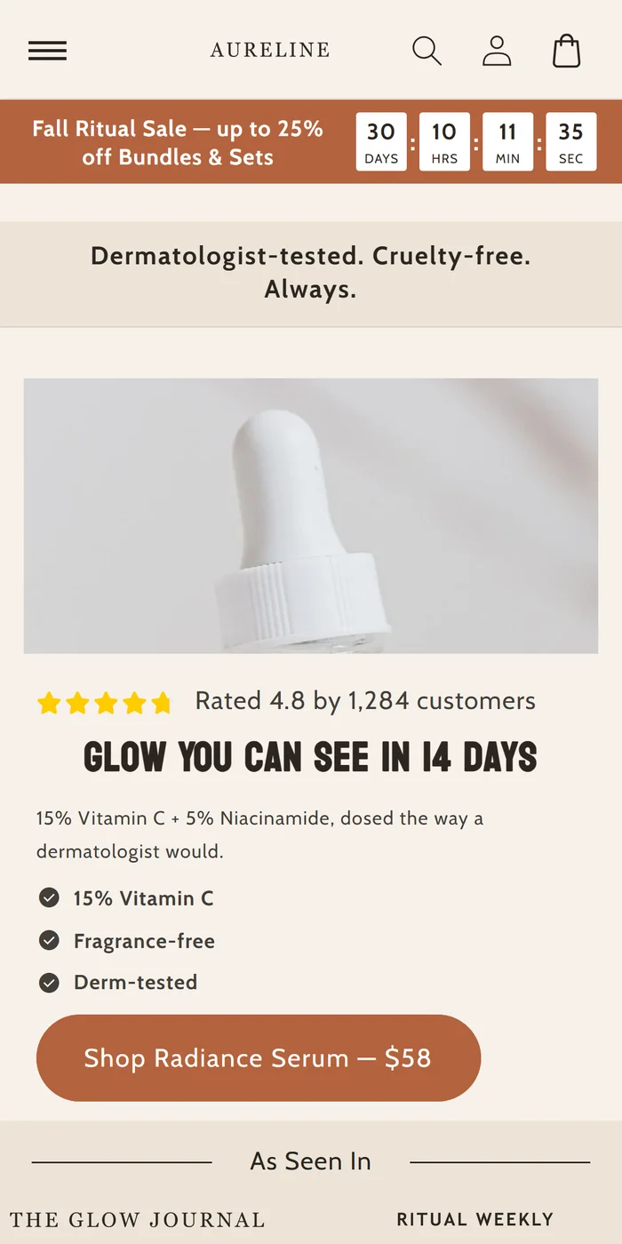 Aureline — skincare store built with Pixelion
