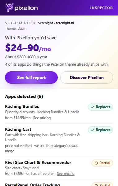 Pixelion Inspector popup showing the apps detected on a Shopify store and the estimated savings