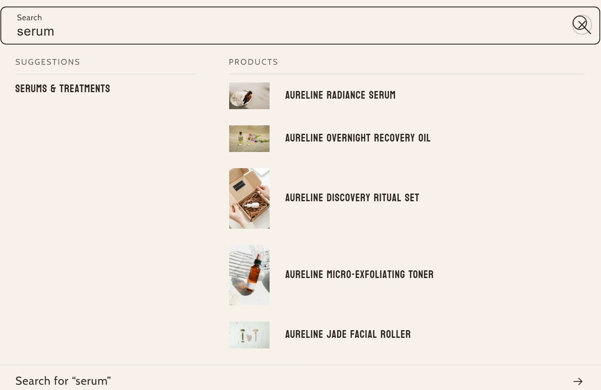 Aureline skincare store with predictive search results for "serum"